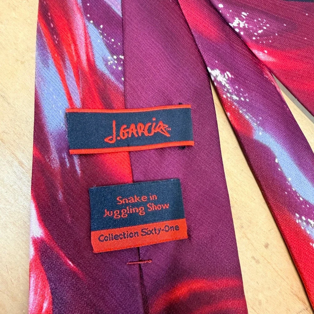 J Garcia Men's Silk Tie Snake Juggling Show Collection 61 Burgundy Red Abstract‎